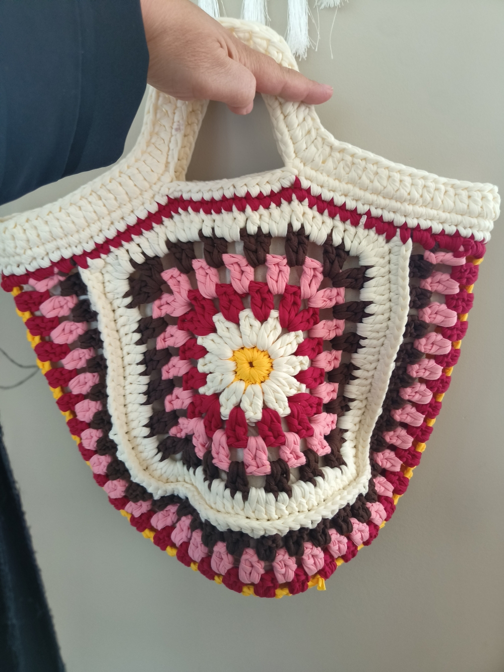 Crochet Floral Tote Bag in Cream, Pink & Brown